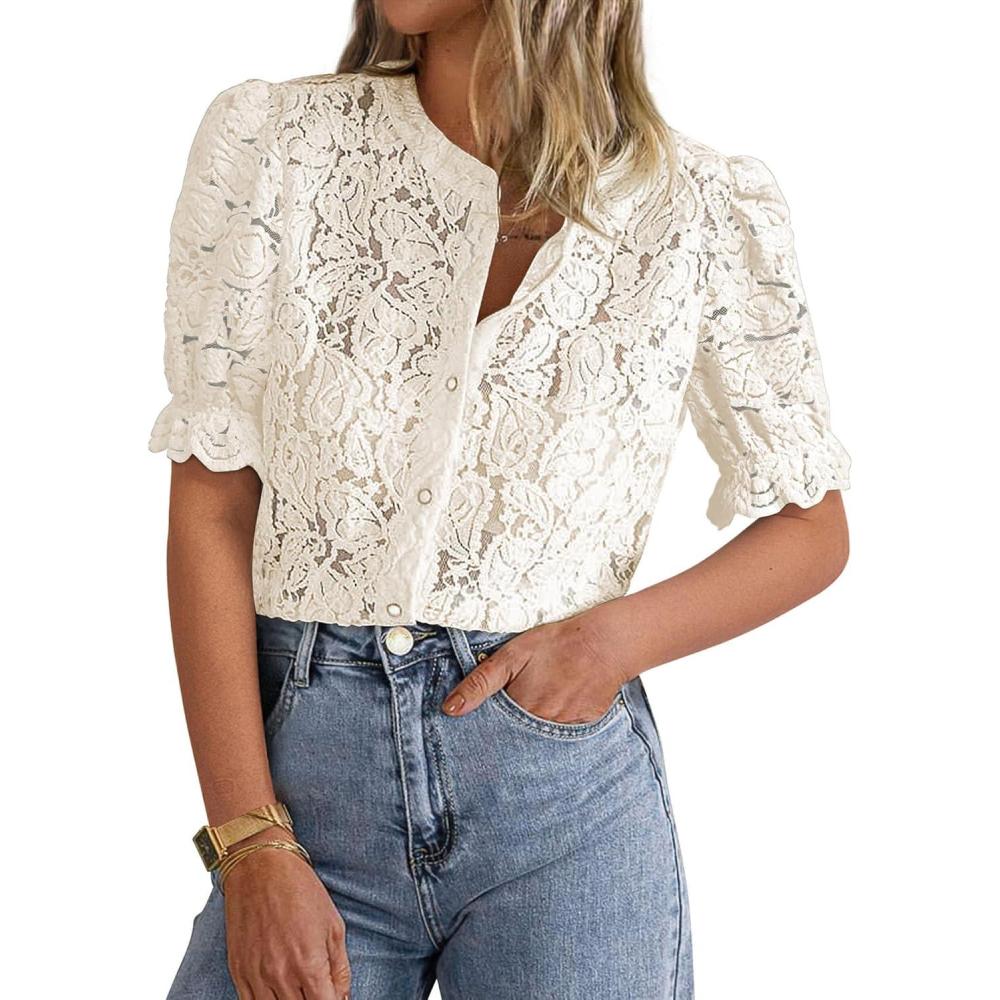 imagePRETTYGARDEN Womens 2026 Spring Lace Tops Short Puff Sleeve Casual Dressy Blouses Eyelet Crew Neck Button Down ShirtsBeige