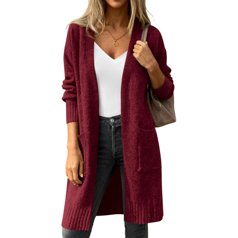 imagePRETTYGARDEN Womens Long Oversized Cardigans 2026 Fall Trendy Long Sleeve Open Front Chunky Sweater Knit Winter ClothingBurgundy