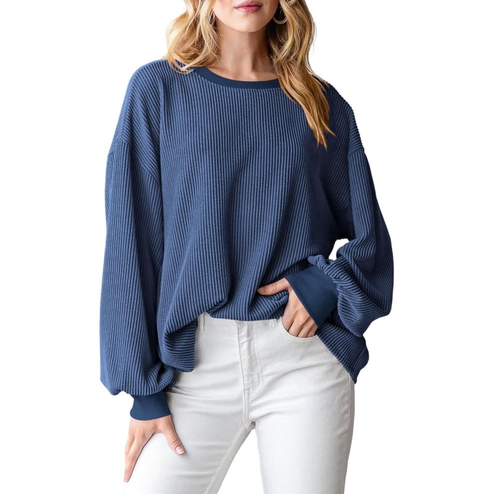 imagePRETTYGARDEN Womens Long Sleeve Tops 2025 Fall Fashion Shirts Trendy Clothes Casual Loose Crewneck Ribbed Knit Tunic BlouseDark Blue