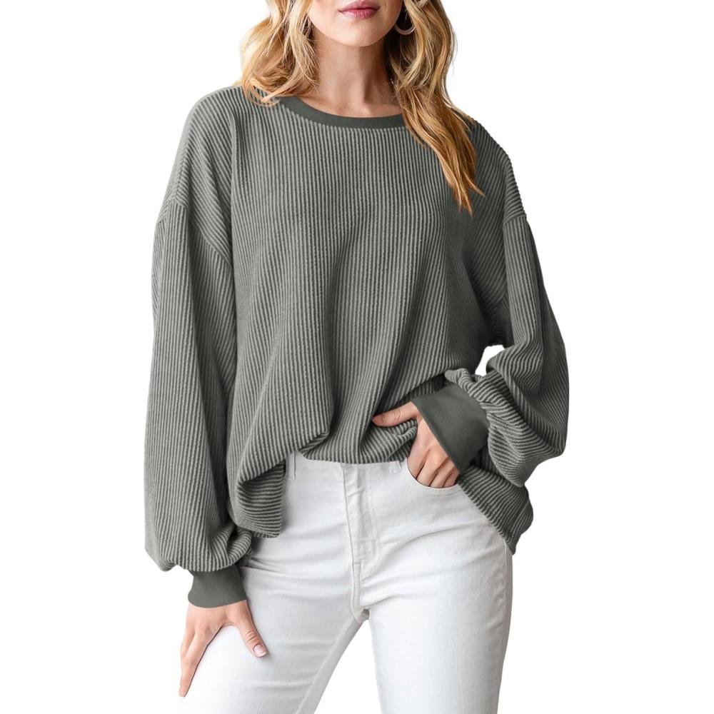 imagePRETTYGARDEN Womens Long Sleeve Tops 2025 Fall Fashion Shirts Trendy Clothes Casual Loose Crewneck Ribbed Knit Tunic BlouseGrey
