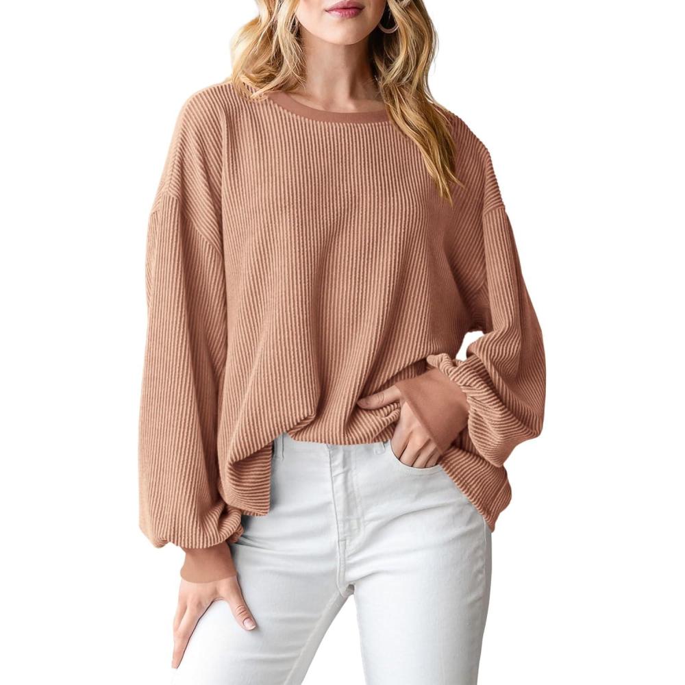 imagePRETTYGARDEN Womens Long Sleeve Tops 2025 Fall Fashion Shirts Trendy Clothes Casual Loose Crewneck Ribbed Knit Tunic BlouseKhaki