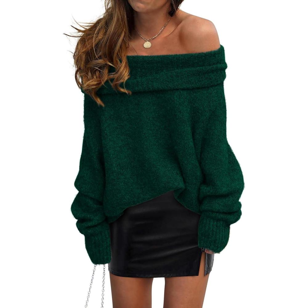 imagePRETTYGARDEN Womens Off The Shoulder Sweater Long Sleeve Tops 2026 Fall Loose Knit Pullover Sweaters Winter ClothesDark Green