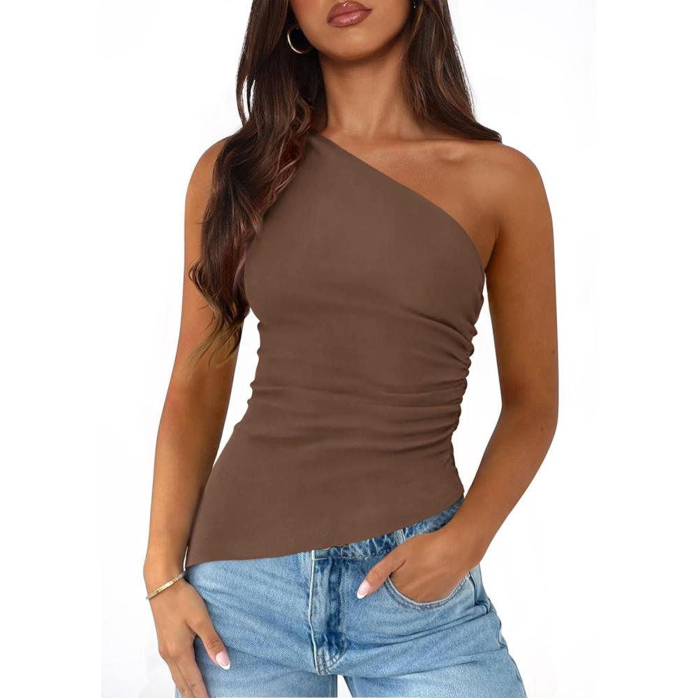 imagePRETTYGARDEN Womens One Shoulder Sleeveless Ruched Knit Asymmetrical Tank TopCoffee