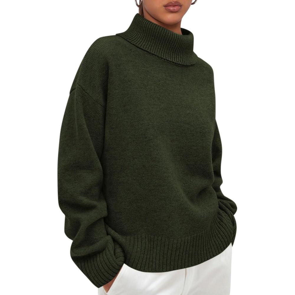 imagePRETTYGARDEN Womens Turtleneck Long Sleeve Sweater 2026 Fall Trendy Loose Fit Casual Tops Chunky Knit Pullover SweatersArmy Green