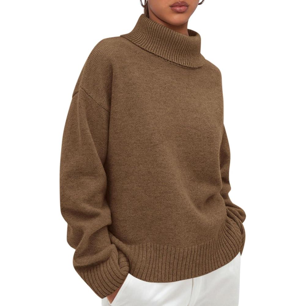 imagePRETTYGARDEN Womens Turtleneck Long Sleeve Sweater 2026 Fall Trendy Loose Fit Casual Tops Chunky Knit Pullover SweatersLight Brown