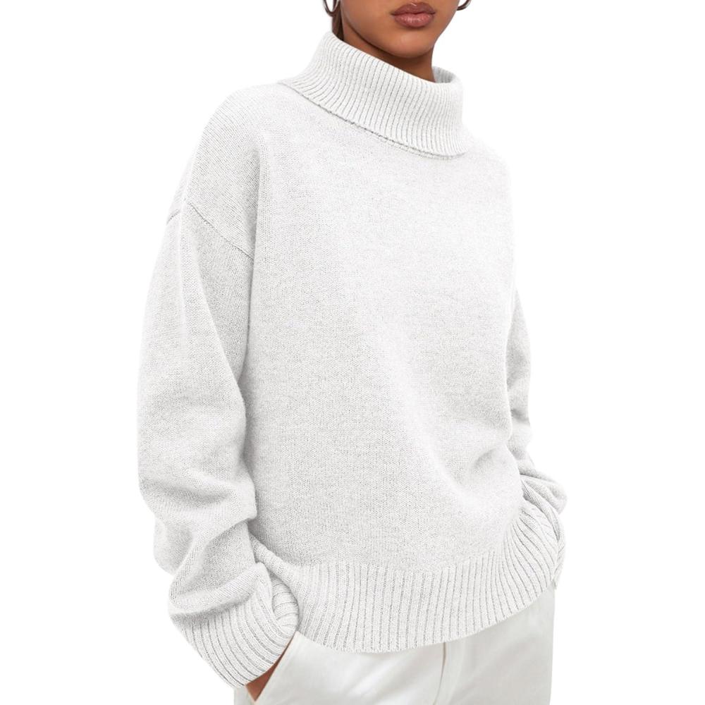 imagePRETTYGARDEN Womens Turtleneck Long Sleeve Sweater 2026 Fall Trendy Loose Fit Casual Tops Chunky Knit Pullover SweatersWhite