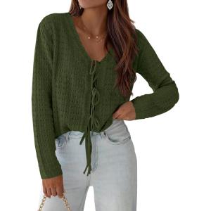 PRETTYGARDEN Crochet Cardigan Sweaters for Women Trendy Spring Summer Long Sleeve Tie Front Tops Boho Beach Vacation Clothes(Army Green)