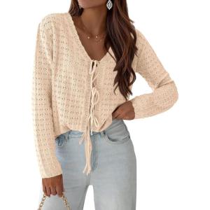 PRETTYGARDEN Crochet Cardigan Sweaters for Women Trendy Spring Summer Long Sleeve Tie Front Tops Boho Beach Vacation Clothes(Beige)