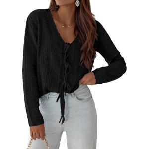 PRETTYGARDEN Crochet Cardigan Sweaters for Women Trendy Spring Summer Long Sleeve Tie Front Tops Boho Beach Vacation Clothes(Black)
