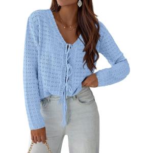 PRETTYGARDEN Crochet Cardigan Sweaters for Women Trendy Spring Summer Long Sleeve Tie Front Tops Boho Beach Vacation Clothes(Light Blue)
