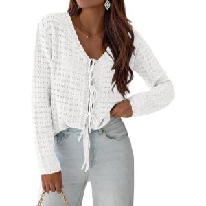 PRETTYGARDEN Crochet Cardigan Sweaters for Women Trendy Spring Summer Long Sleeve Tie Front Tops Boho Beach Vacation Clothes(White)