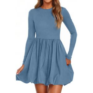 PRETTYGARDEN Fall Dresses for Women 2026 Casual Long Sleeve Bubble Cute Crew Neck A Line Mini Short Dress with Pockets(Grey Blue)