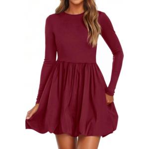 PRETTYGARDEN Fall Dresses for Women 2026 Casual Long Sleeve Bubble Cute Crew Neck A Line Mini Short Dress with Pockets(Wine Red)
