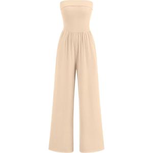PRETTYGARDEN One Piece Strapless Jumpsuits for Women Dressy Casual Wide Leg Tube Rompers Jumper Beach Vacation Summer Outfits(Apricot)