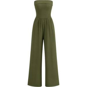 PRETTYGARDEN One Piece Strapless Jumpsuits for Women Dressy Casual Wide Leg Tube Rompers Jumper Beach Vacation Summer Outfits(Army Green)