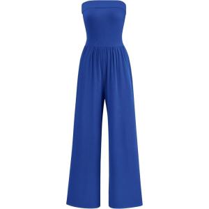PRETTYGARDEN One Piece Strapless Jumpsuits for Women Dressy Casual Wide Leg Tube Rompers Jumper Beach Vacation Summer Outfits(Blue)