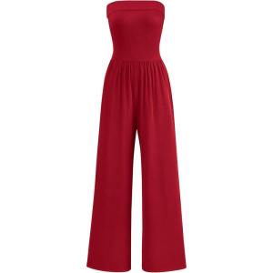 PRETTYGARDEN One Piece Strapless Jumpsuits for Women Dressy Casual Wide Leg Tube Rompers Jumper Beach Vacation Summer Outfits(Red)