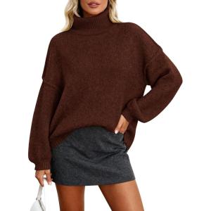 PRETTYGARDEN Oversized Sweaters for Women Fall Clothes 2026 Long Sleeve Mock Neck Tops Chunky Knit Pullover Winter Clothing(Brown)