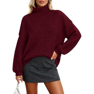 PRETTYGARDEN Oversized Sweaters for Women Fall Clothes 2026 Long Sleeve Mock Neck Tops Chunky Knit Pullover Winter Clothing(Wine Red)
