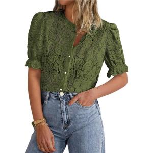 PRETTYGARDEN Womens 2026 Spring Lace Tops Short Puff Sleeve Casual Dressy Blouses Eyelet Crew Neck Button Down Shirts(Army Green)