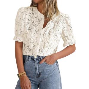 PRETTYGARDEN Womens 2026 Spring Lace Tops Short Puff Sleeve Casual Dressy Blouses Eyelet Crew Neck Button Down Shirts(Beige)