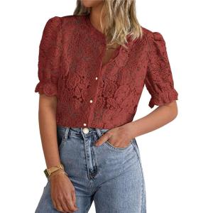 PRETTYGARDEN Womens 2026 Spring Lace Tops Short Puff Sleeve Casual Dressy Blouses Eyelet Crew Neck Button Down Shirts(Brown Red)
