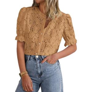 PRETTYGARDEN Womens 2026 Spring Lace Tops Short Puff Sleeve Casual Dressy Blouses Eyelet Crew Neck Button Down Shirts(Khaki)