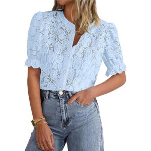 PRETTYGARDEN Womens 2026 Spring Lace Tops Short Puff Sleeve Casual Dressy Blouses Eyelet Crew Neck Button Down Shirts(Light Blue)