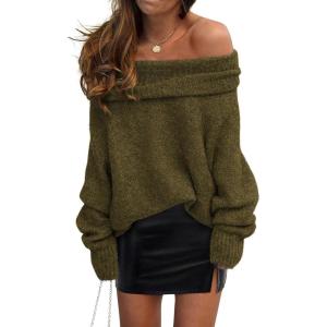 PRETTYGARDEN Women’s Off The Shoulder Sweater Long Sleeve Tops 2026 Fall Loose Knit Pullover Sweaters Winter Clothes(Army Green)