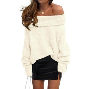 PRETTYGARDEN Women’s Off The Shoulder Sweater Long Sleeve Tops 2026 Fall Loose Knit Pullover Sweaters Winter Clothes(Beige White)