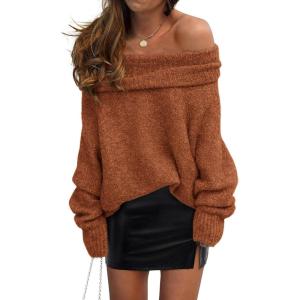 PRETTYGARDEN Women’s Off The Shoulder Sweater Long Sleeve Tops 2026 Fall Loose Knit Pullover Sweaters Winter Clothes(Brick Red)