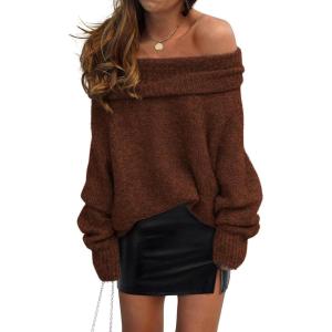 PRETTYGARDEN Women’s Off The Shoulder Sweater Long Sleeve Tops 2026 Fall Loose Knit Pullover Sweaters Winter Clothes(Coffee)