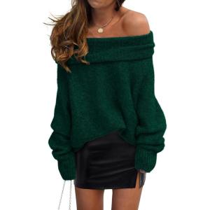 PRETTYGARDEN Women’s Off The Shoulder Sweater Long Sleeve Tops 2026 Fall Loose Knit Pullover Sweaters Winter Clothes(Dark Green)