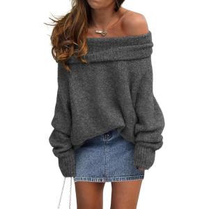 PRETTYGARDEN Women’s Off The Shoulder Sweater Long Sleeve Tops 2026 Fall Loose Knit Pullover Sweaters Winter Clothes(Dark Grey)