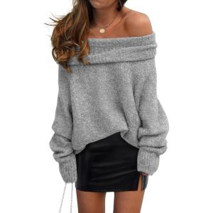 PRETTYGARDEN Women’s Off The Shoulder Sweater Long Sleeve Tops 2026 Fall Loose Knit Pullover Sweaters Winter Clothes(Grey)