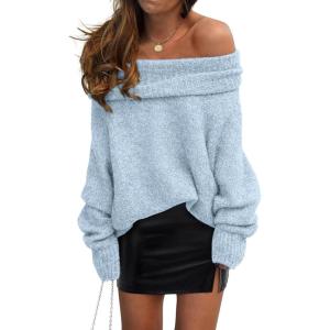 PRETTYGARDEN Women’s Off The Shoulder Sweater Long Sleeve Tops 2026 Fall Loose Knit Pullover Sweaters Winter Clothes(Light Blue)