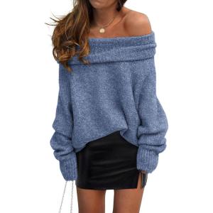 PRETTYGARDEN Women’s Off The Shoulder Sweater Long Sleeve Tops 2026 Fall Loose Knit Pullover Sweaters Winter Clothes(Mist Blue)