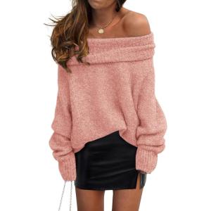 PRETTYGARDEN Women’s Off The Shoulder Sweater Long Sleeve Tops 2026 Fall Loose Knit Pullover Sweaters Winter Clothes(Pink)