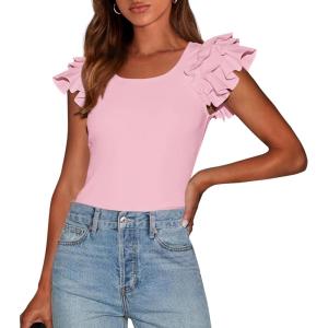 PRETTYGARDEN Women’s Ruffle Short Sleeve Shirts 2026 Summer Casual Basic Tee Cute Fitted Crew Neck Fashion Tops Clothes(Light Pink)