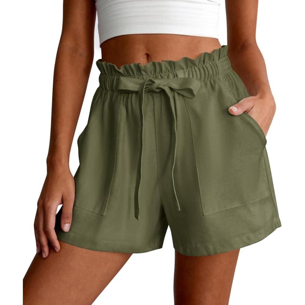 imagePRETTYGARDEN Summer Shorts for Women Casual Ruffle Drawstring High Waist Wide Leg Comfy Lounge Shorts Beach Cruise OutfitsArmy Green