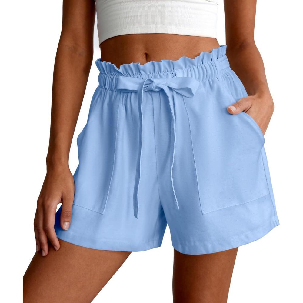 imagePRETTYGARDEN Summer Shorts for Women Casual Ruffle Drawstring High Waist Wide Leg Comfy Lounge Shorts Beach Cruise OutfitsLight Blue