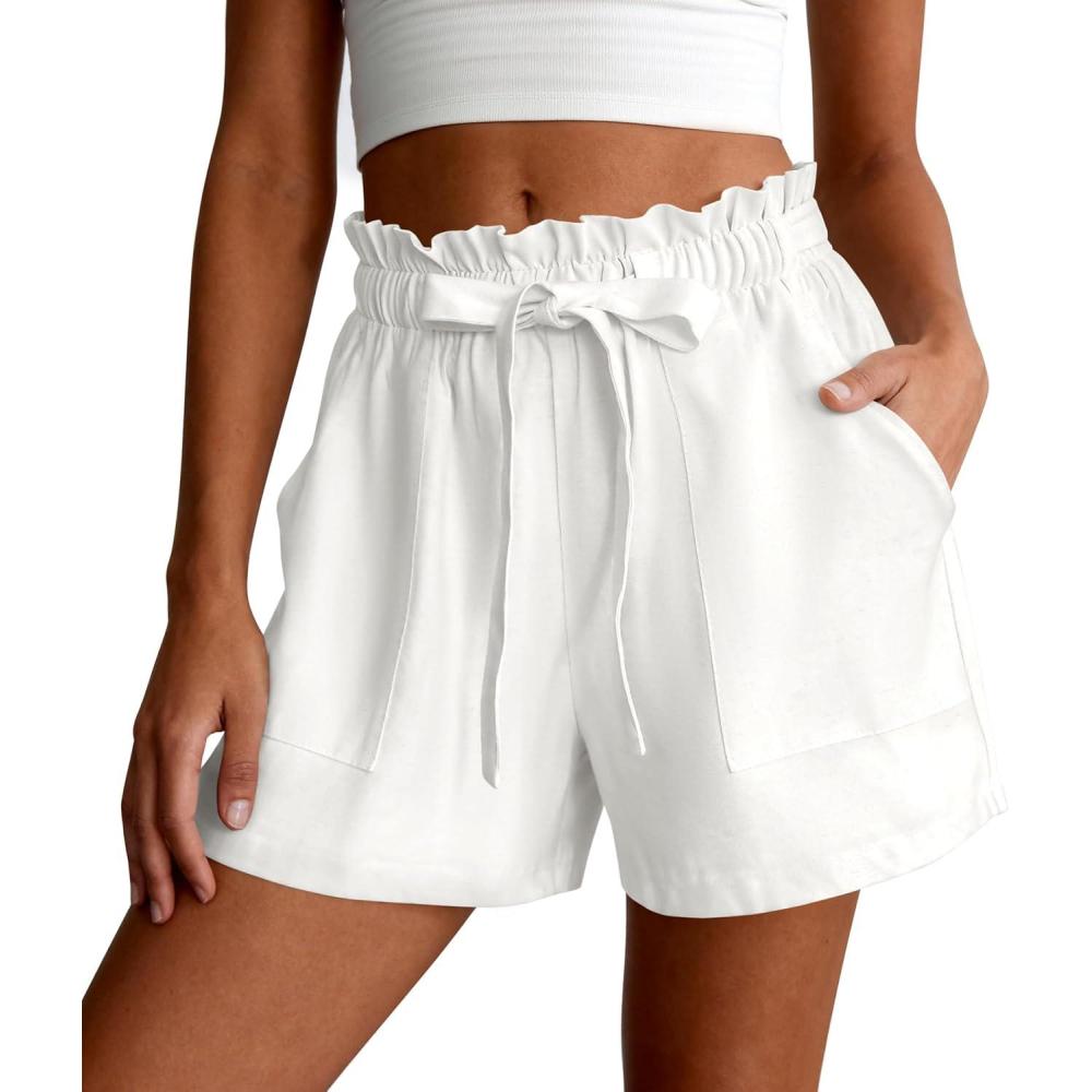 imagePRETTYGARDEN Summer Shorts for Women Casual Ruffle Drawstring High Waist Wide Leg Comfy Lounge Shorts Beach Cruise OutfitsWhite