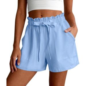 PRETTYGARDEN Summer Shorts for Women Casual Ruffle Drawstring High Waist Wide Leg Comfy Lounge Shorts Beach Cruise Outfits(Light Blue)