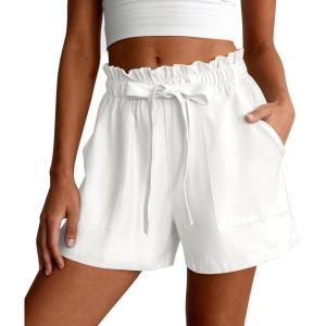 PRETTYGARDEN Summer Shorts for Women Casual Ruffle Drawstring High Waist Wide Leg Comfy Lounge Shorts Beach Cruise Outfits(White)