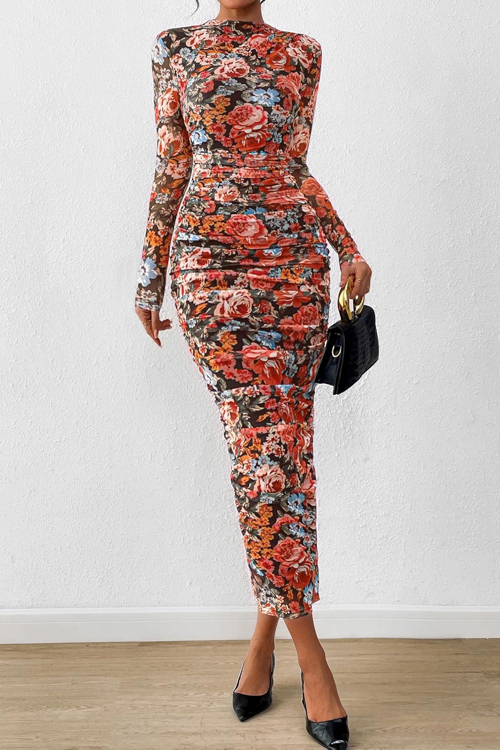 imagePRETTYGARDEN Womens Long Sleeve Maxi Dresses 2026 Spring Ruched Bodycon Floral Mesh Formal Wedding Guest Cocktail Party Dress