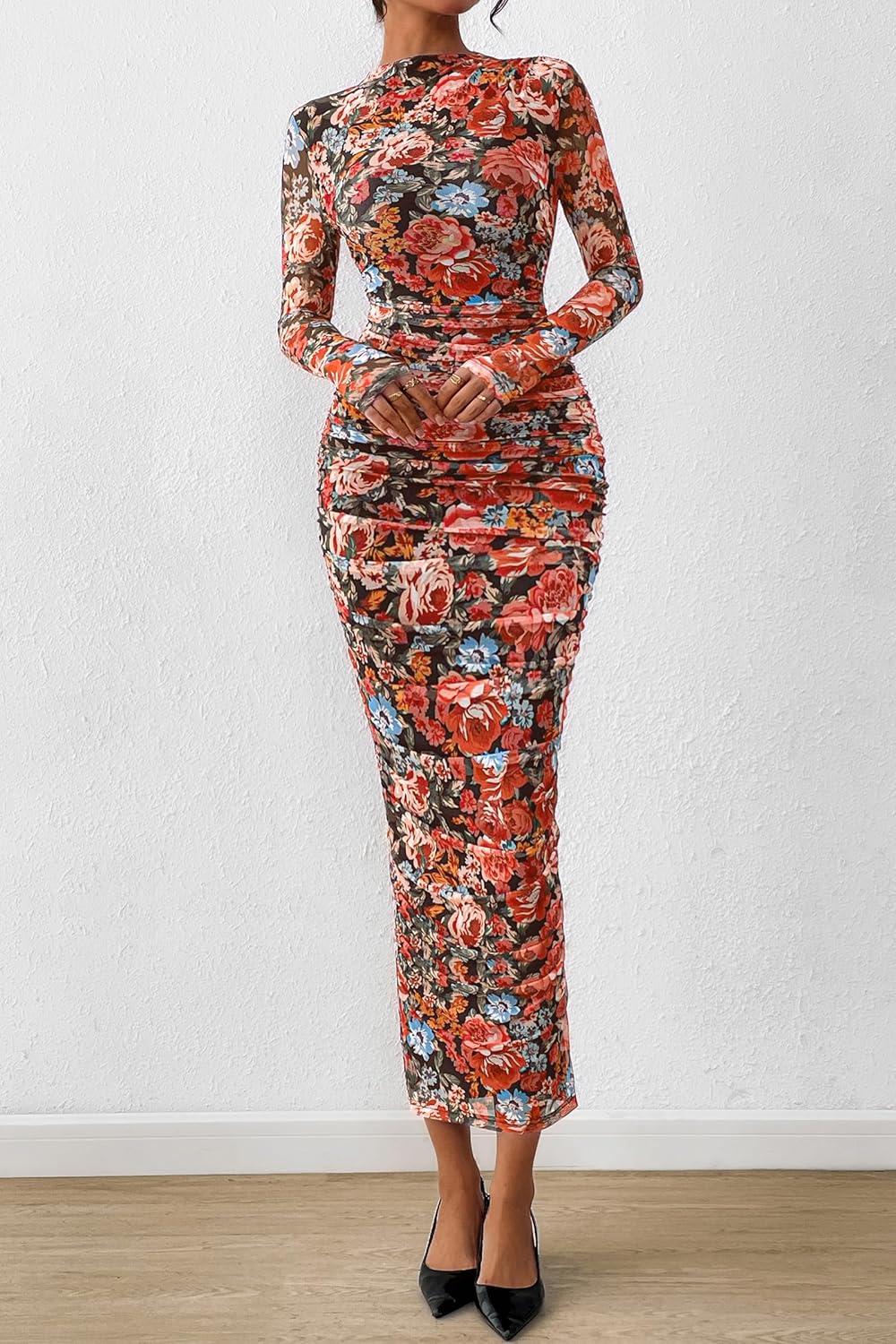 imagePRETTYGARDEN Womens Long Sleeve Maxi Dresses 2026 Spring Ruched Bodycon Floral Mesh Formal Wedding Guest Cocktail Party Dress