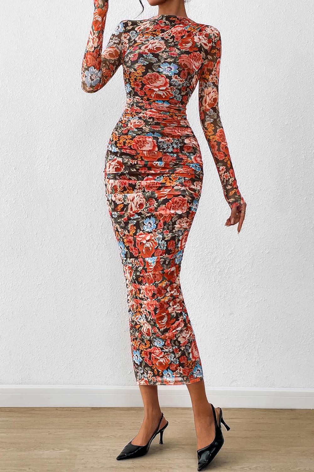 imagePRETTYGARDEN Womens Long Sleeve Maxi Dresses 2026 Spring Ruched Bodycon Floral Mesh Formal Wedding Guest Cocktail Party Dress