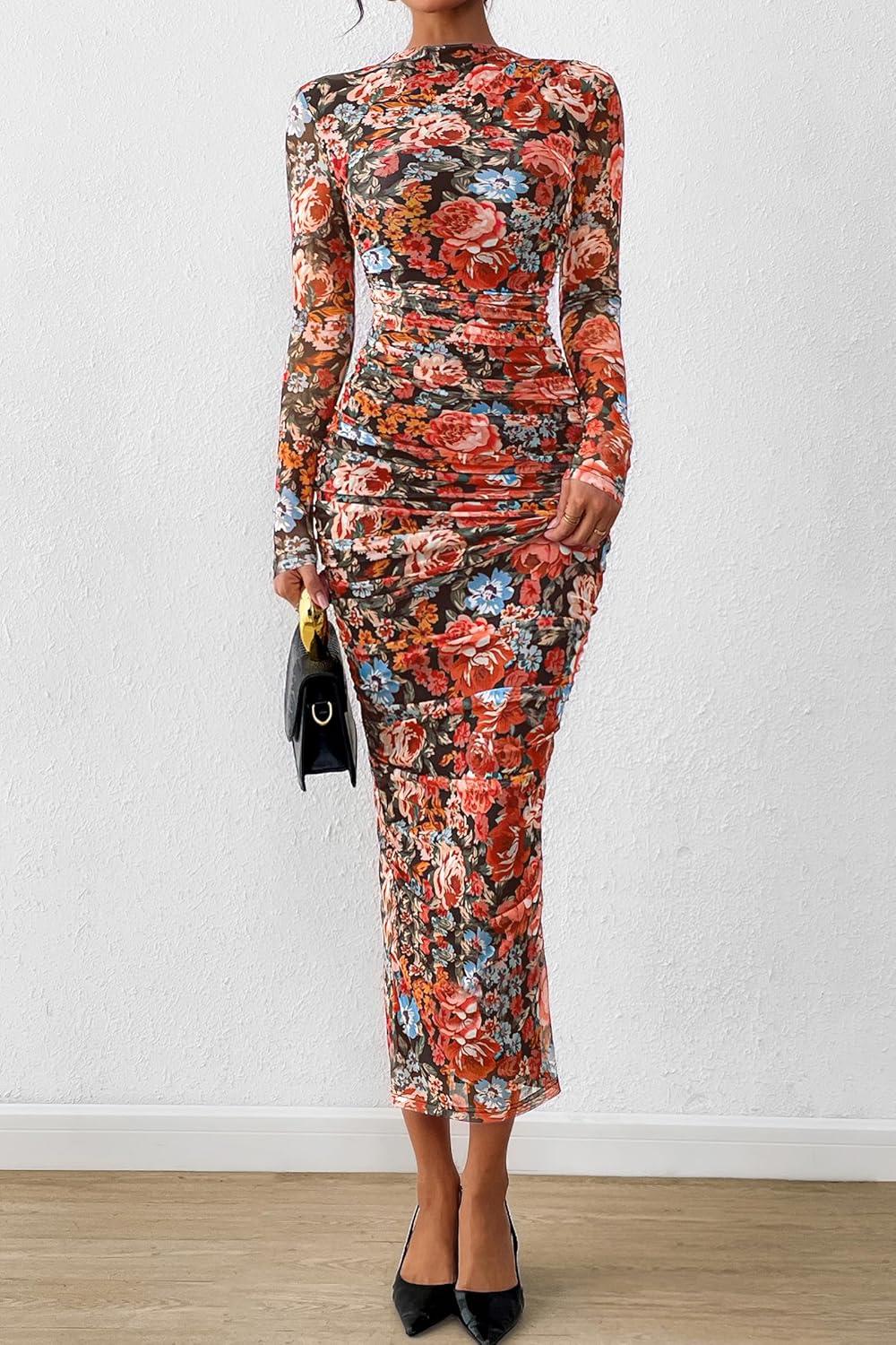 imagePRETTYGARDEN Womens Long Sleeve Maxi Dresses 2026 Spring Ruched Bodycon Floral Mesh Formal Wedding Guest Cocktail Party Dress