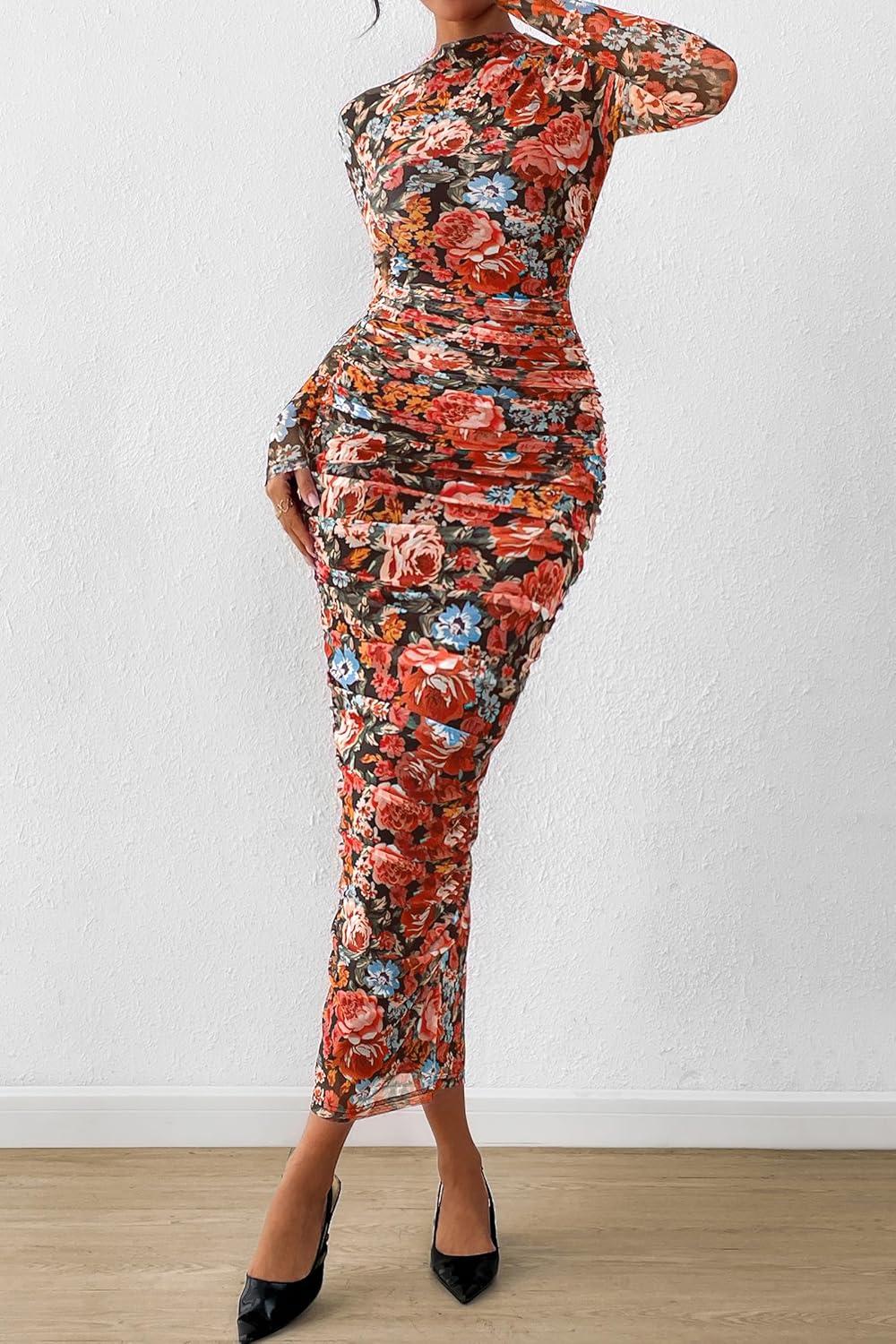 imagePRETTYGARDEN Womens Long Sleeve Maxi Dresses 2026 Spring Ruched Bodycon Floral Mesh Formal Wedding Guest Cocktail Party Dress