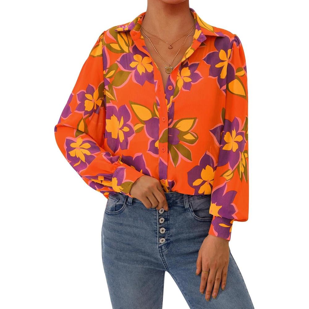 imagePRETTYGARDEN Womens Floral Blouses Dressy Casual V Neck Button Down Shirts Lantern Long Sleeve Boho Chiffon Fall Tops 2025Floral Orange Purple